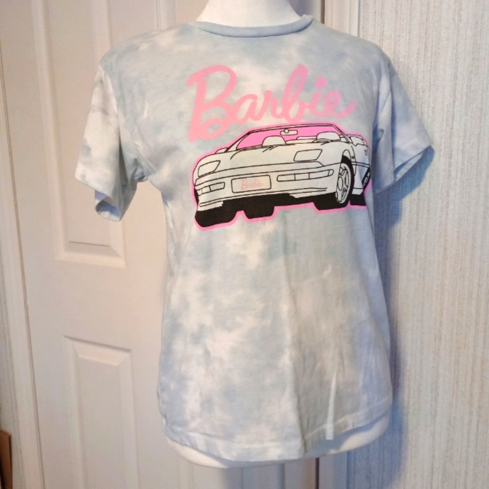 Barbie Girls Size L Jersey T-Shirt Light Blue Tie Dye Barbie Car Logo EUC